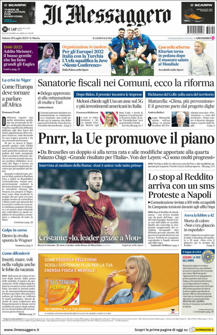 Portada de Il Messaggero (Italia)