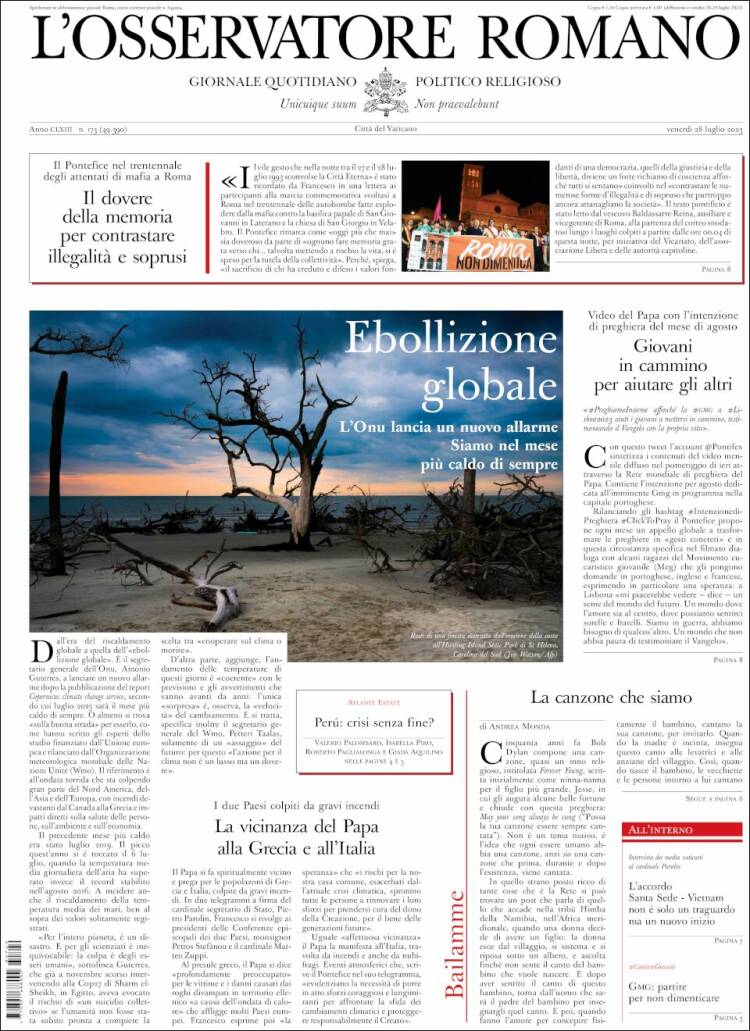 Portada de L'Osservatore Romano (Italia)