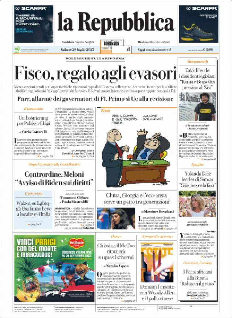 Portada de La Repubblica (Italia)