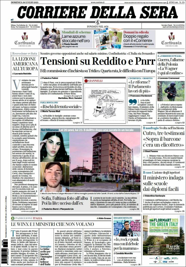 Portada de Corriere della Sera (Italia)