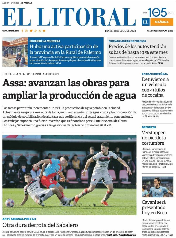 Portada de Diario El Litoral (Argentina)