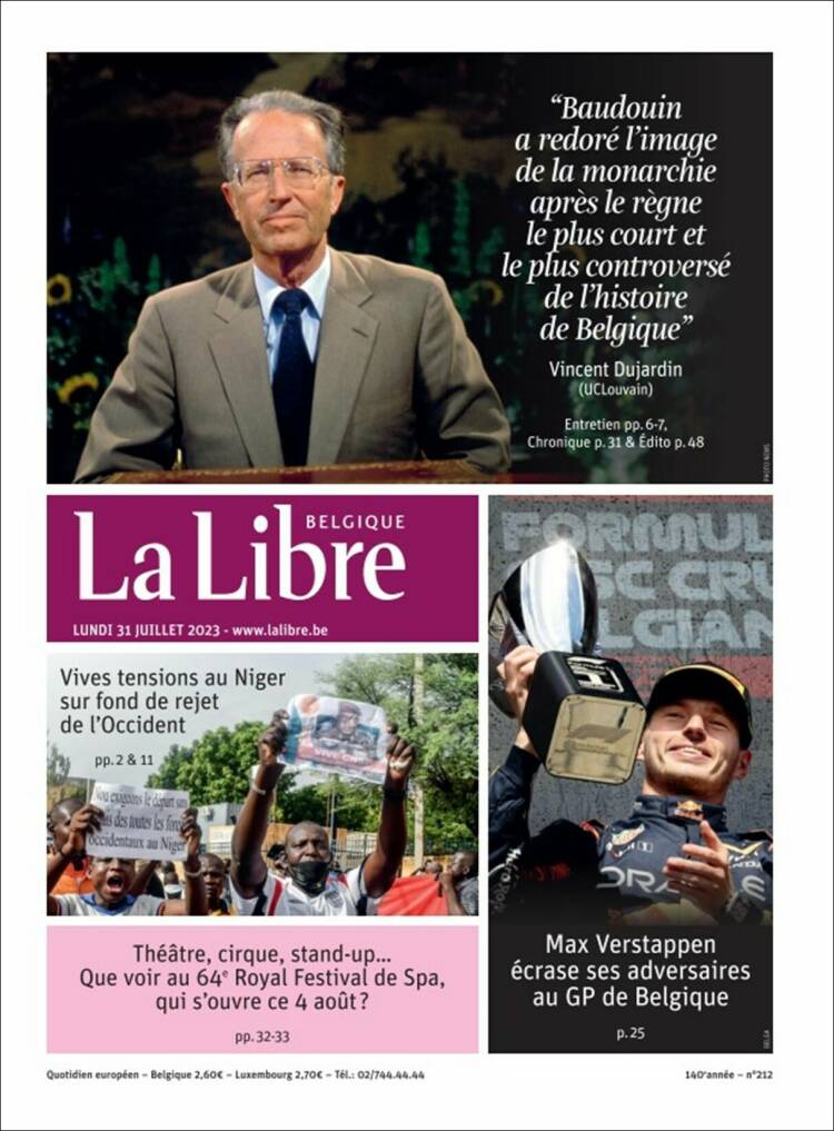 Portada de La Libre.be (B&eacute;lgica)