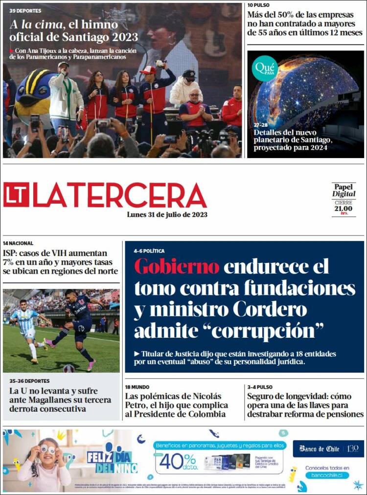 Portada de La Tercera (Chile)