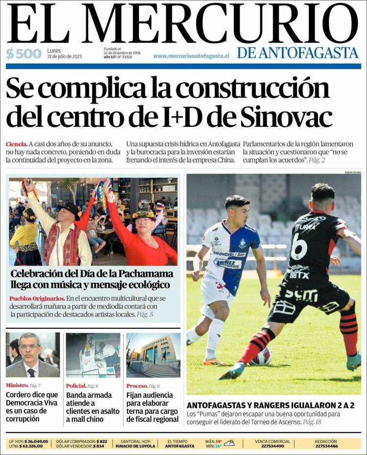 Portada de El Mercurio de Antofagasta (Chile)