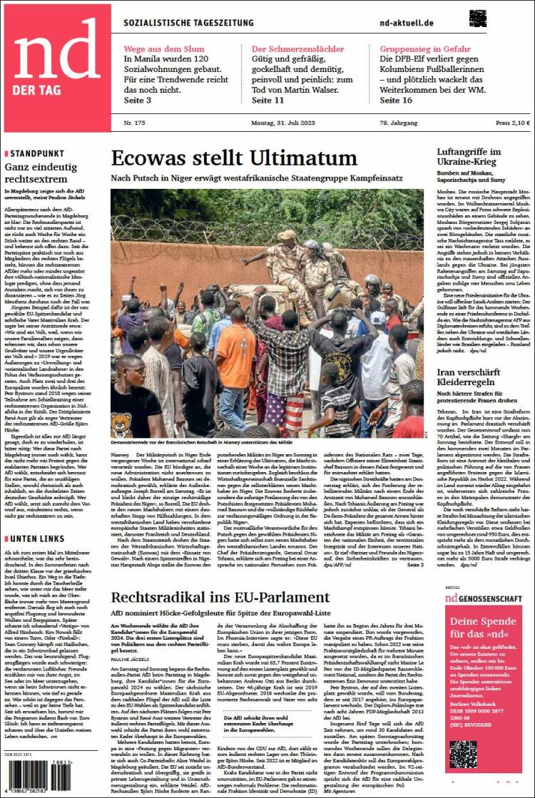 Portada de Neues Deutschland (Alemania)