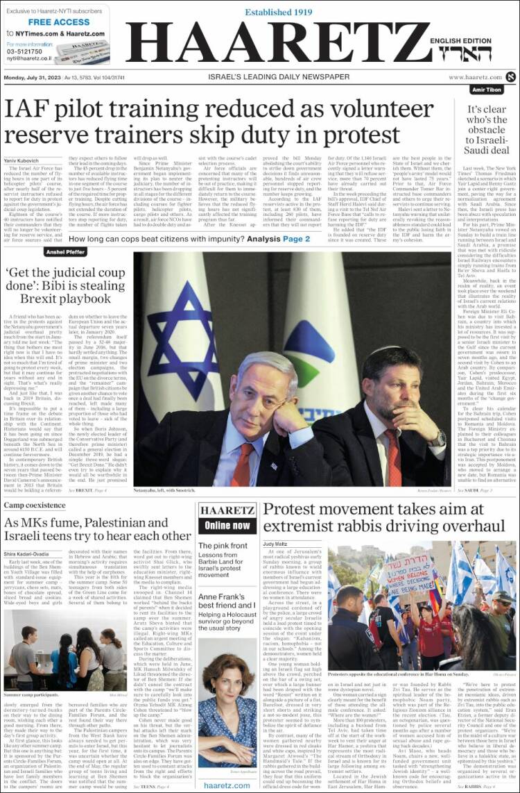 Portada de Haaretz (Israel)