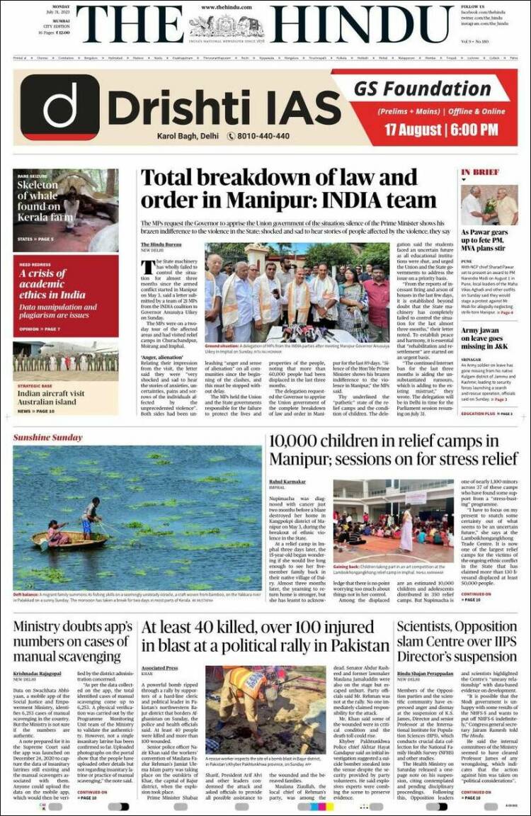 Portada de The Hindu (India)