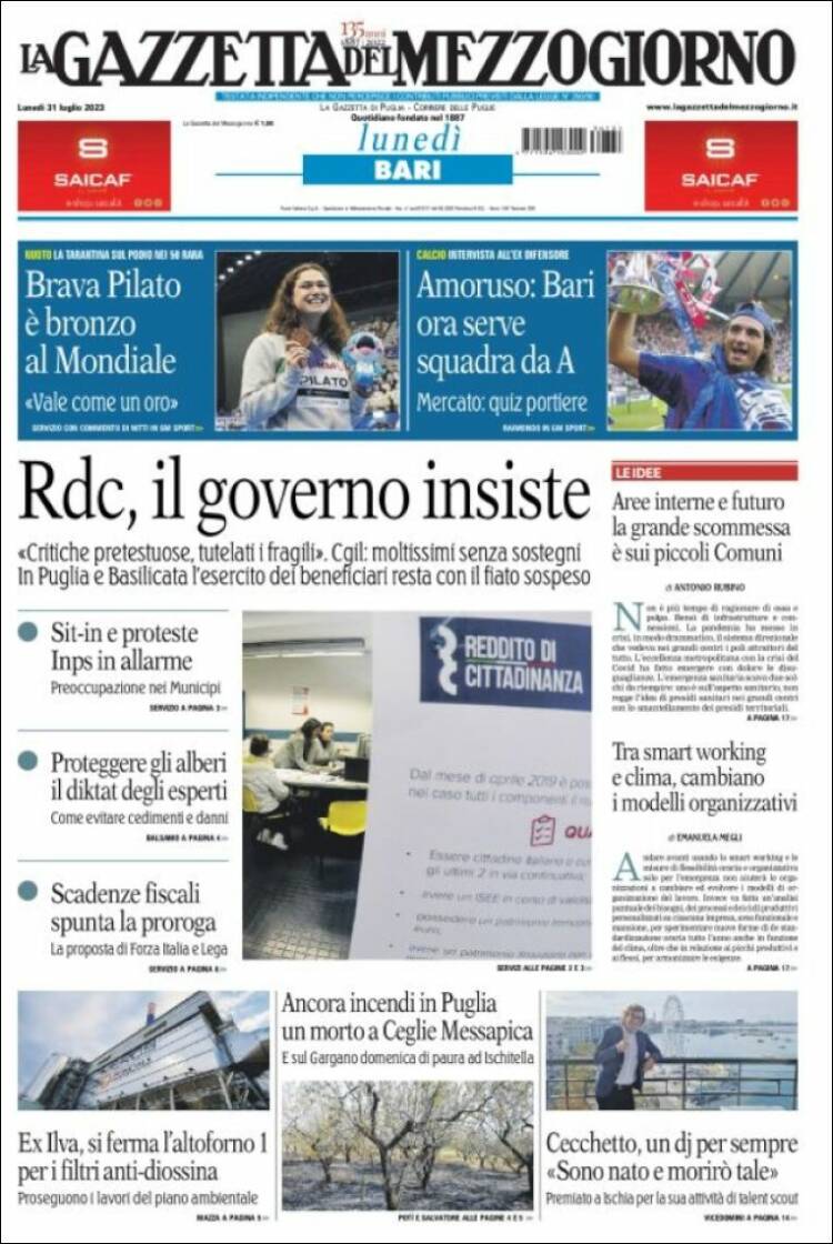 Portada de La Gazzetta del Mezzogiorno (Italia)