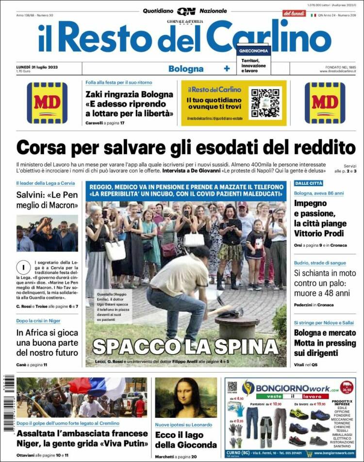 Portada de Il Resto del Carlino (Italia)