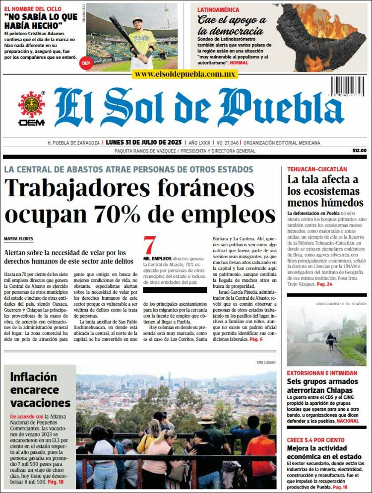 Portada de El Sol de Puebla (M&eacute;xico)