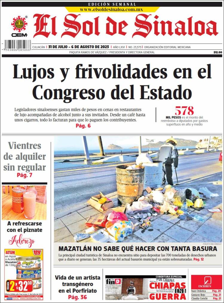 Portada de El Sol de Sinaloa (M&eacute;xico)