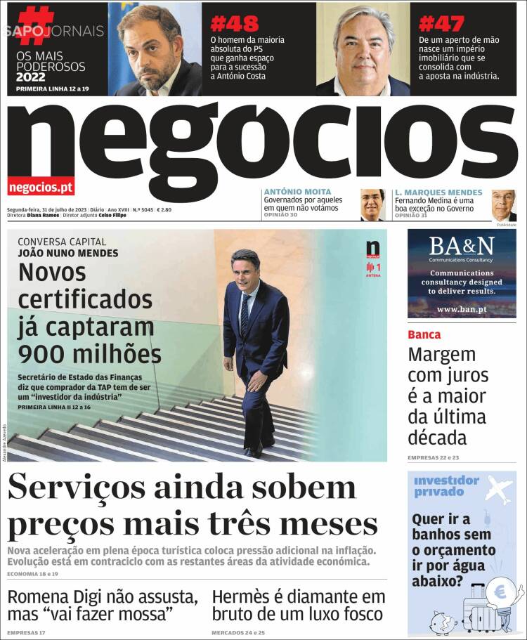 Portada de Jornal de Negócios (Portugal)
