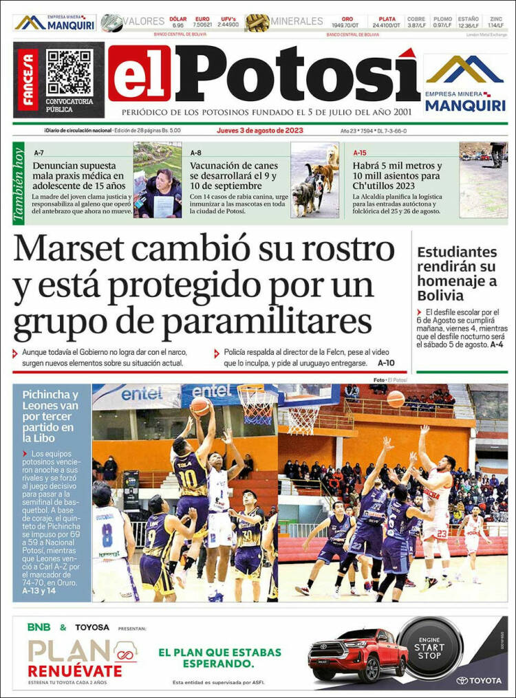 Portada de Diario de Potosí (Bolivia)