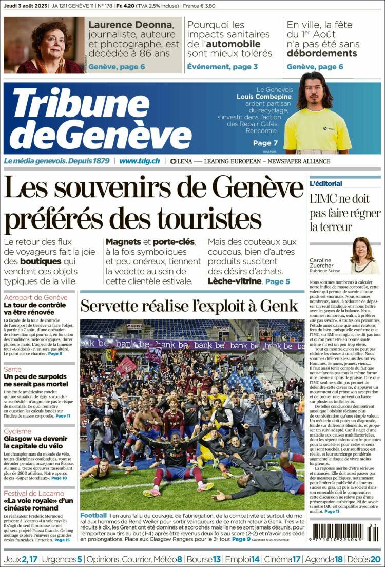 Portada de La Tribune de Genève (Suisse)