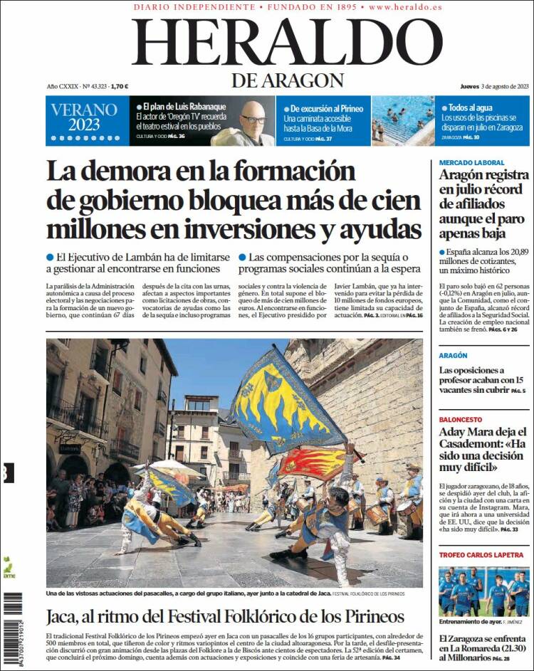 Portada de Heraldo de Aragón (España)