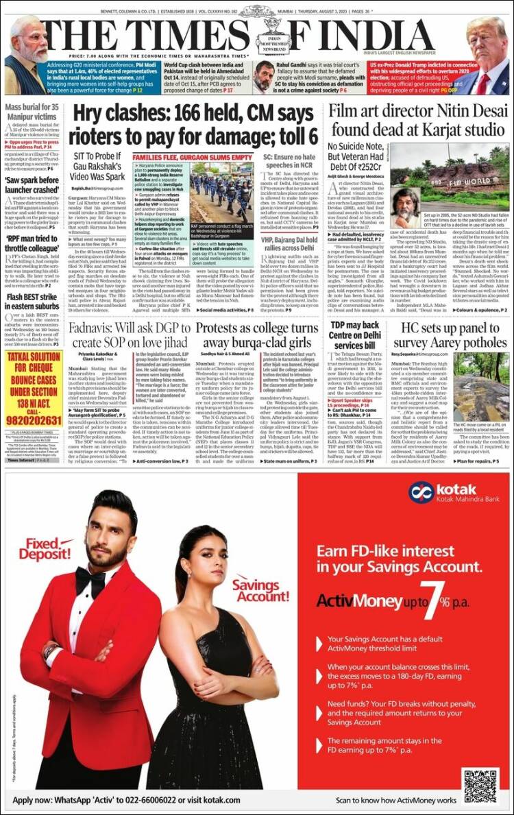 Portada de The Times of India (India)