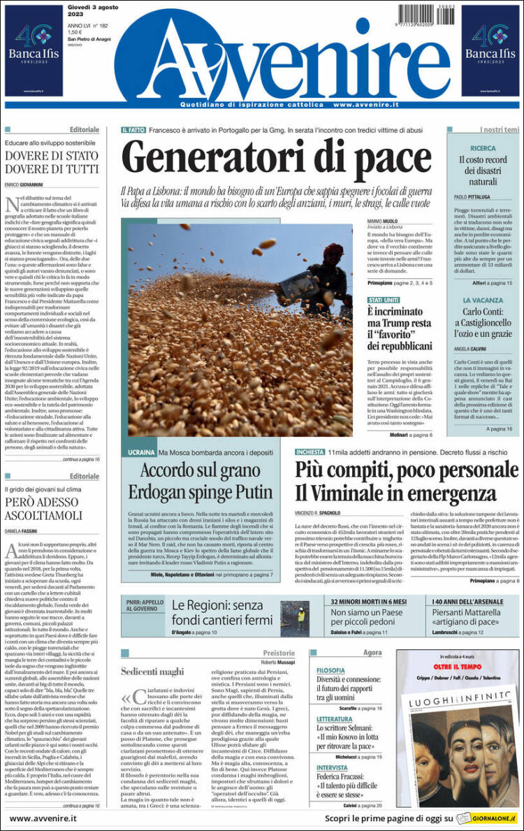 Portada de Avvenire (Italia)