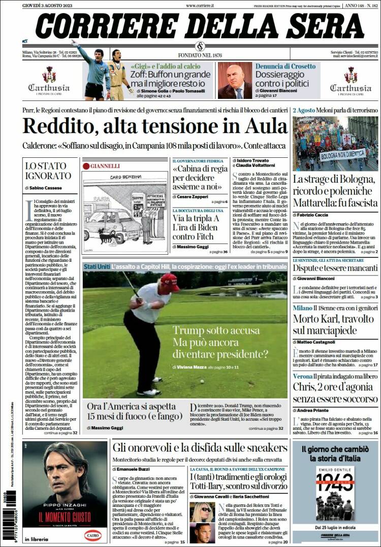 Portada de Corriere della Sera (Italia)