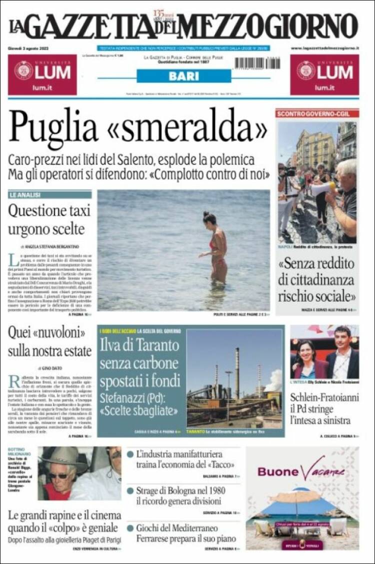 Portada de La Gazzetta del Mezzogiorno (Italia)