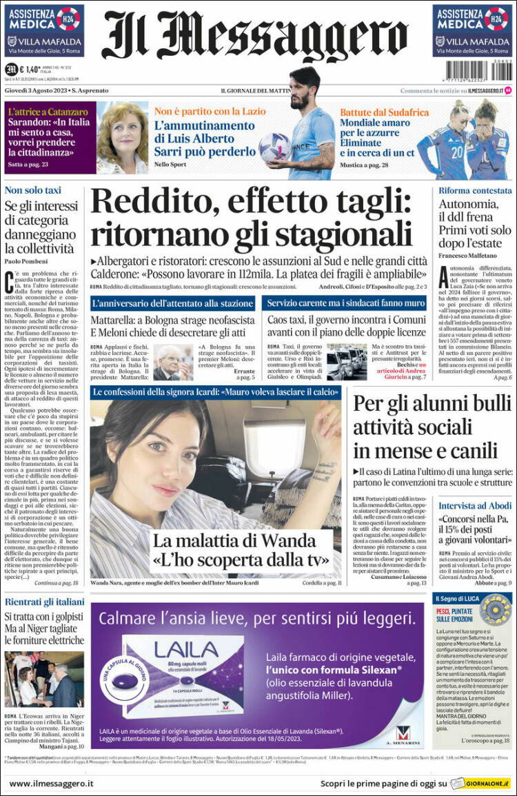Portada de Il Messaggero (Italia)