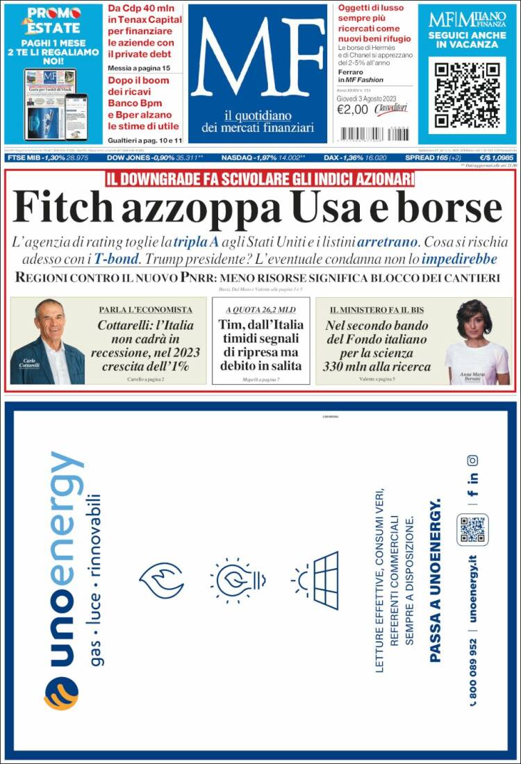 Portada de Milano Finanza (Italia)