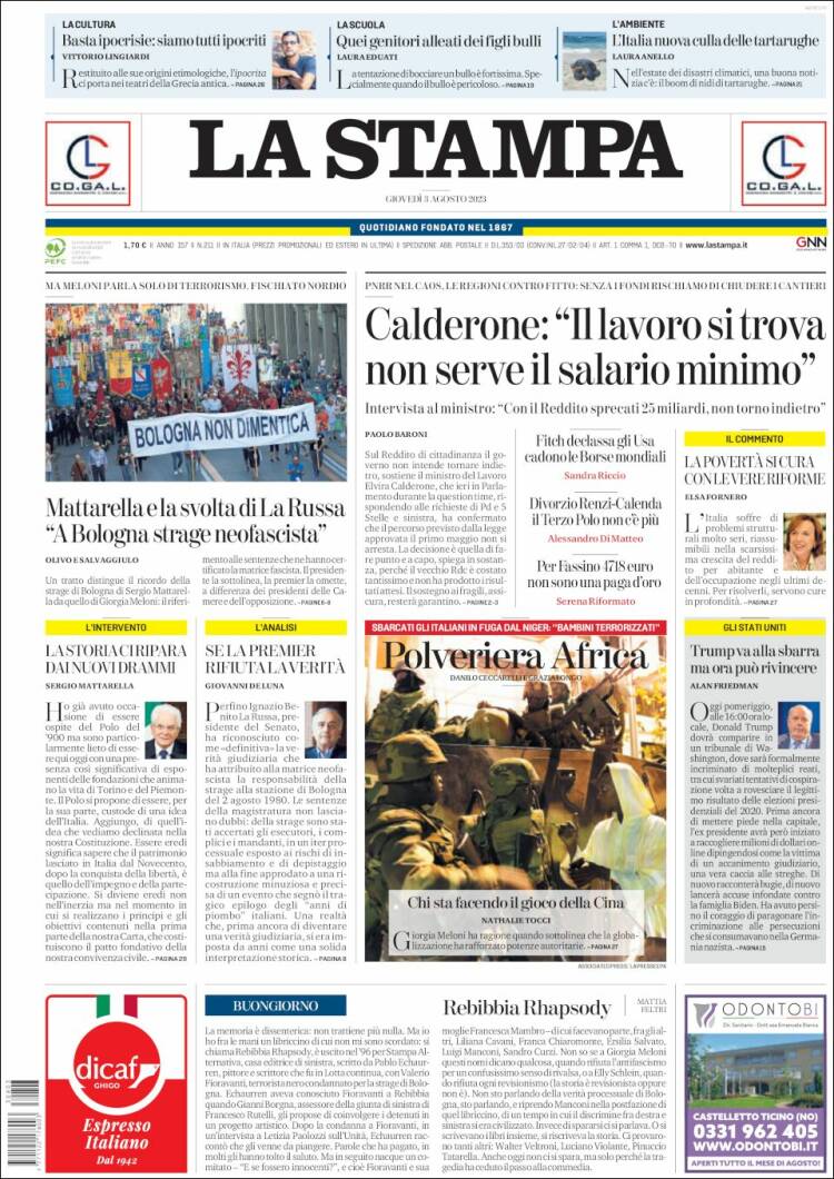 Portada de La Stampa (Italia)