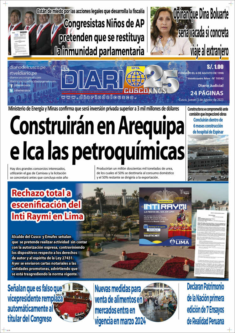 Portada de El Diario del Cusco (Perú)