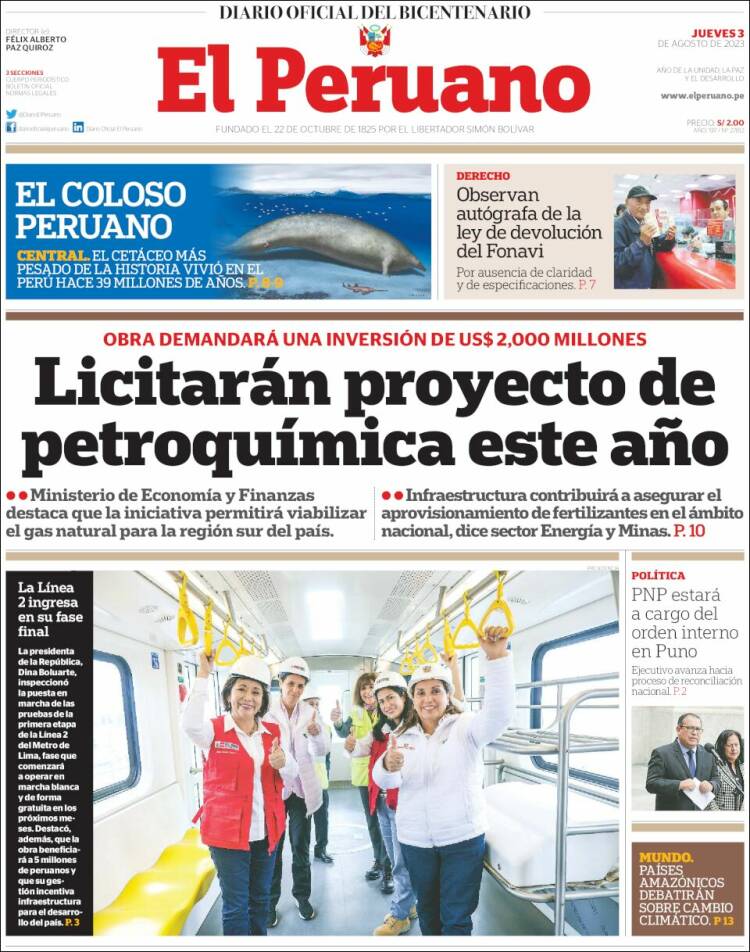 Portada de El Peruano (Perú)