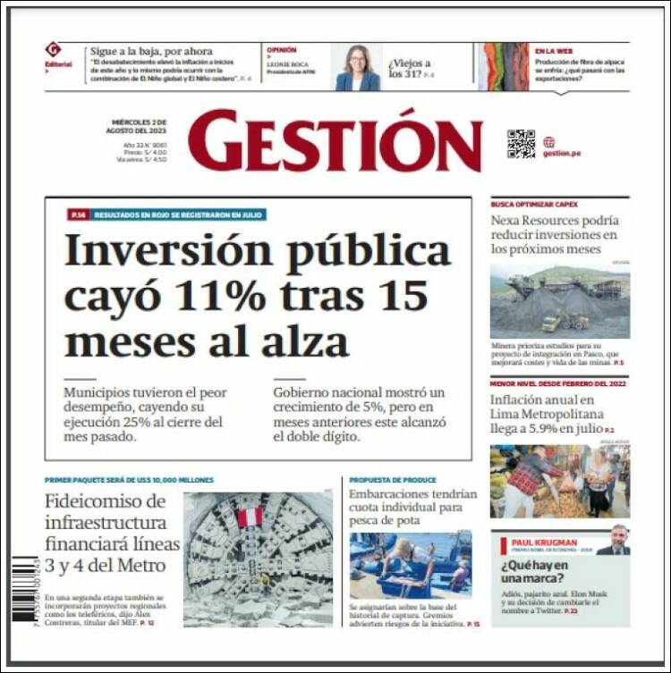 Portada de Diario Gestión (Perú)