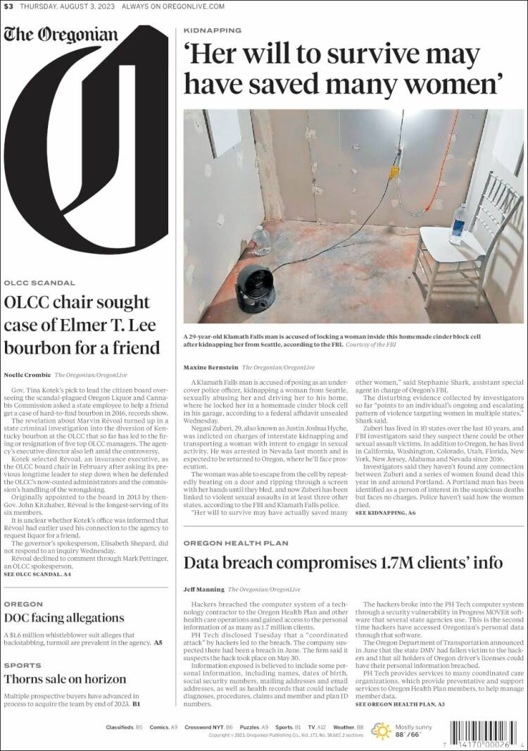 Portada de The Oregonian (USA)