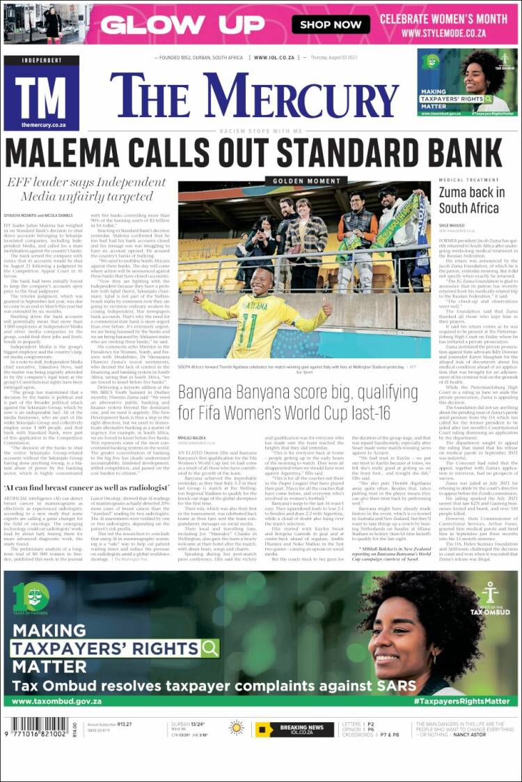 Portada de The Mercury (Sud&aacute;frica)