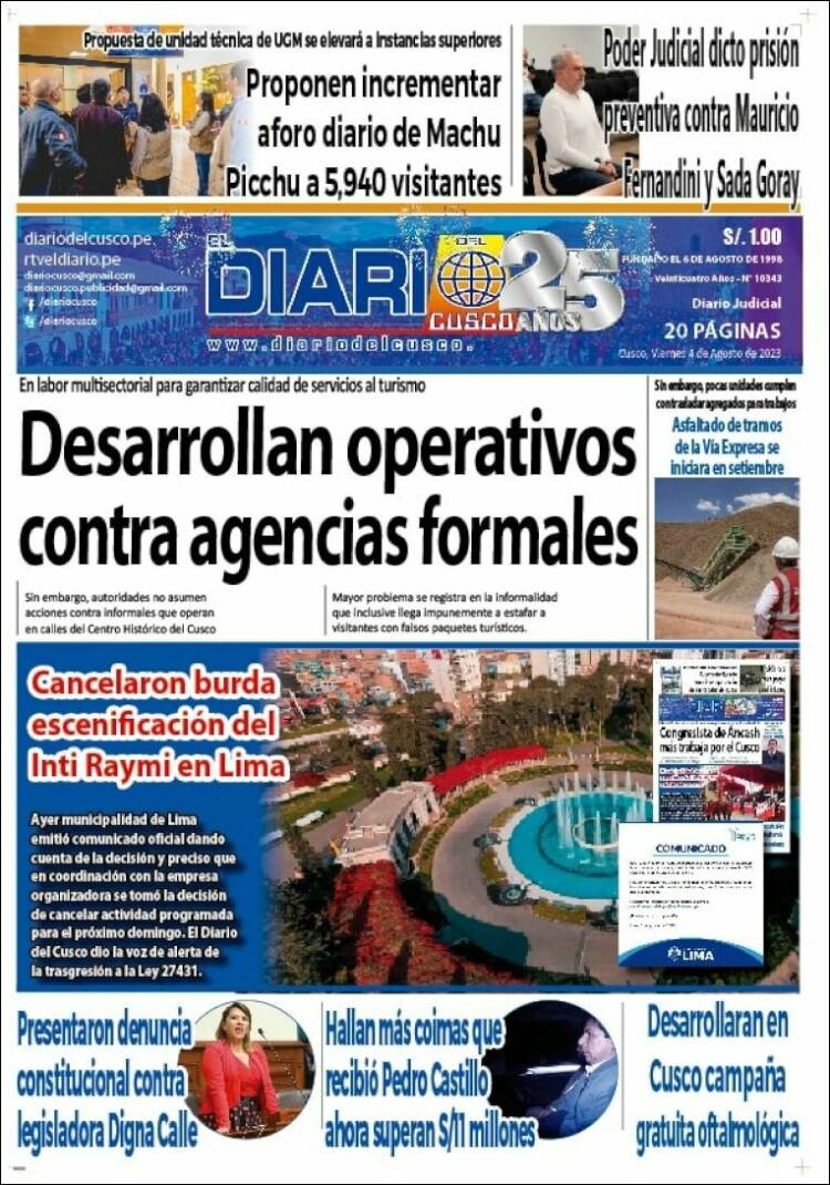 Portada de El Diario del Cusco (Perú)