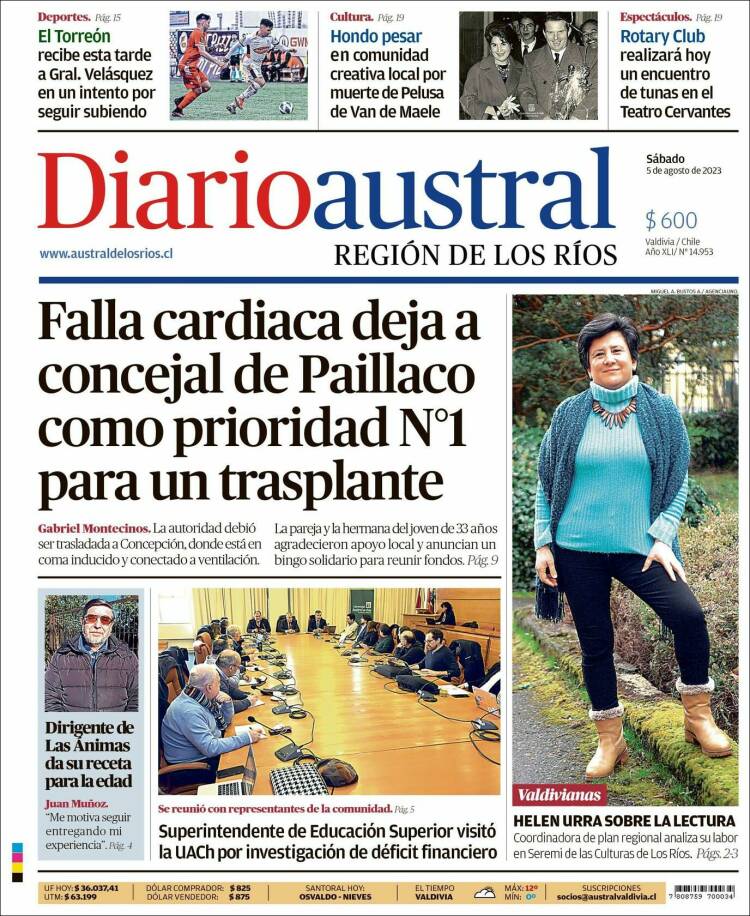 Portada de El Diario Austral de Valdivia (Chile)