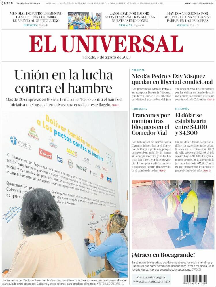 Portada de El Universal (Colombia)