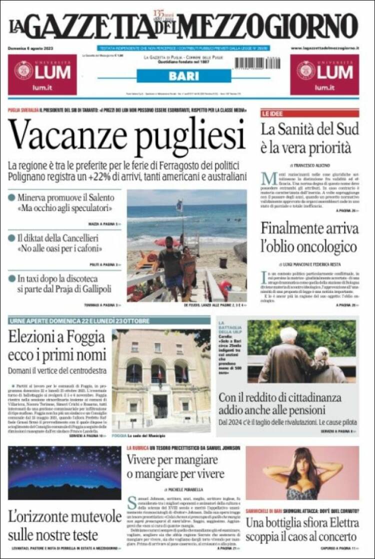 Portada de La Gazzetta del Mezzogiorno (Italia)