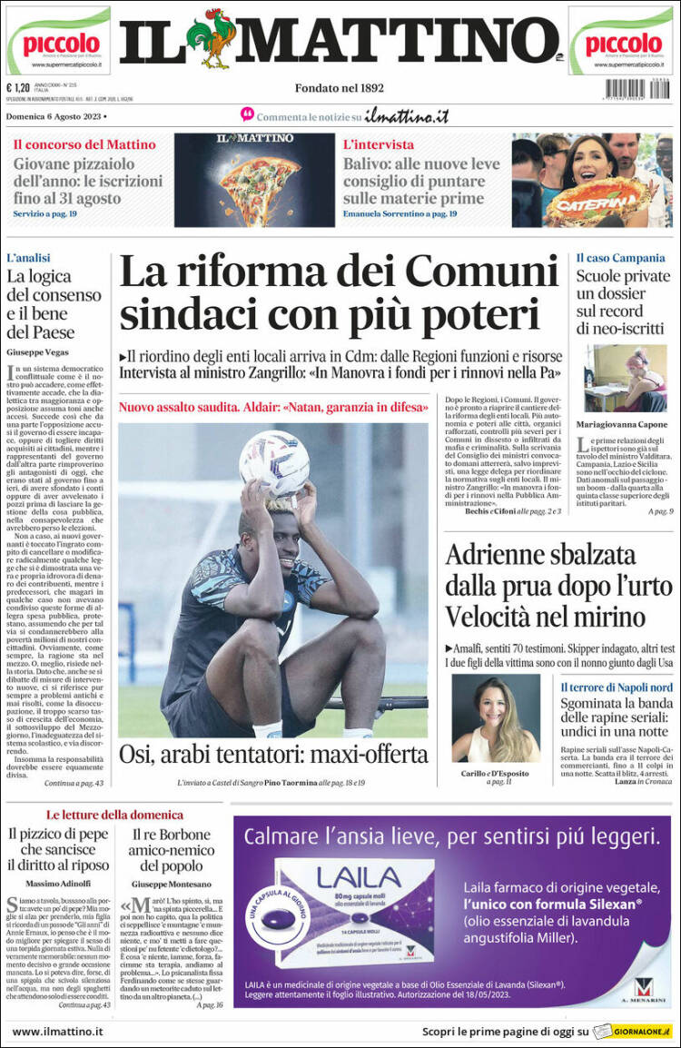 Portada de Il Mattino (Italia)