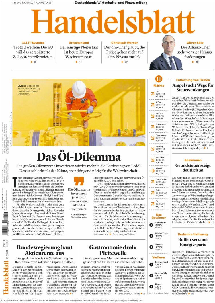 Portada de Handelsblatt (Alemania)