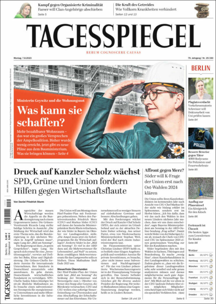 Portada de Der Tagesspiegel (Alemania)