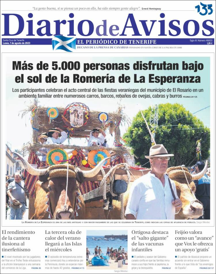 Portada de Diarios de Avisos (España)
