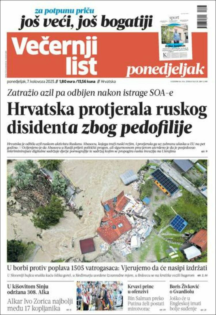 Portada de Večernji (Croacia)