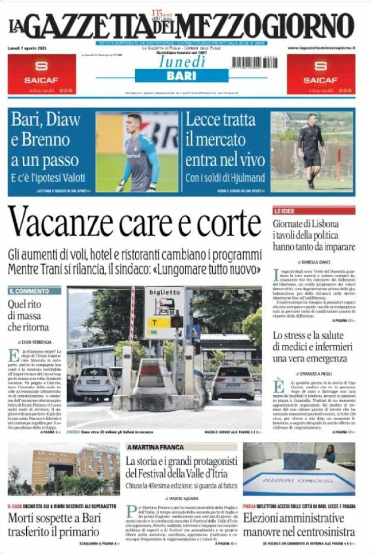 Portada de La Gazzetta del Mezzogiorno (Italia)