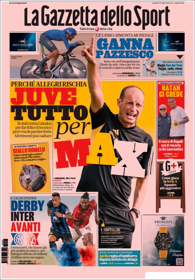 Portada de La Gazzetta dello Sport (Italia)