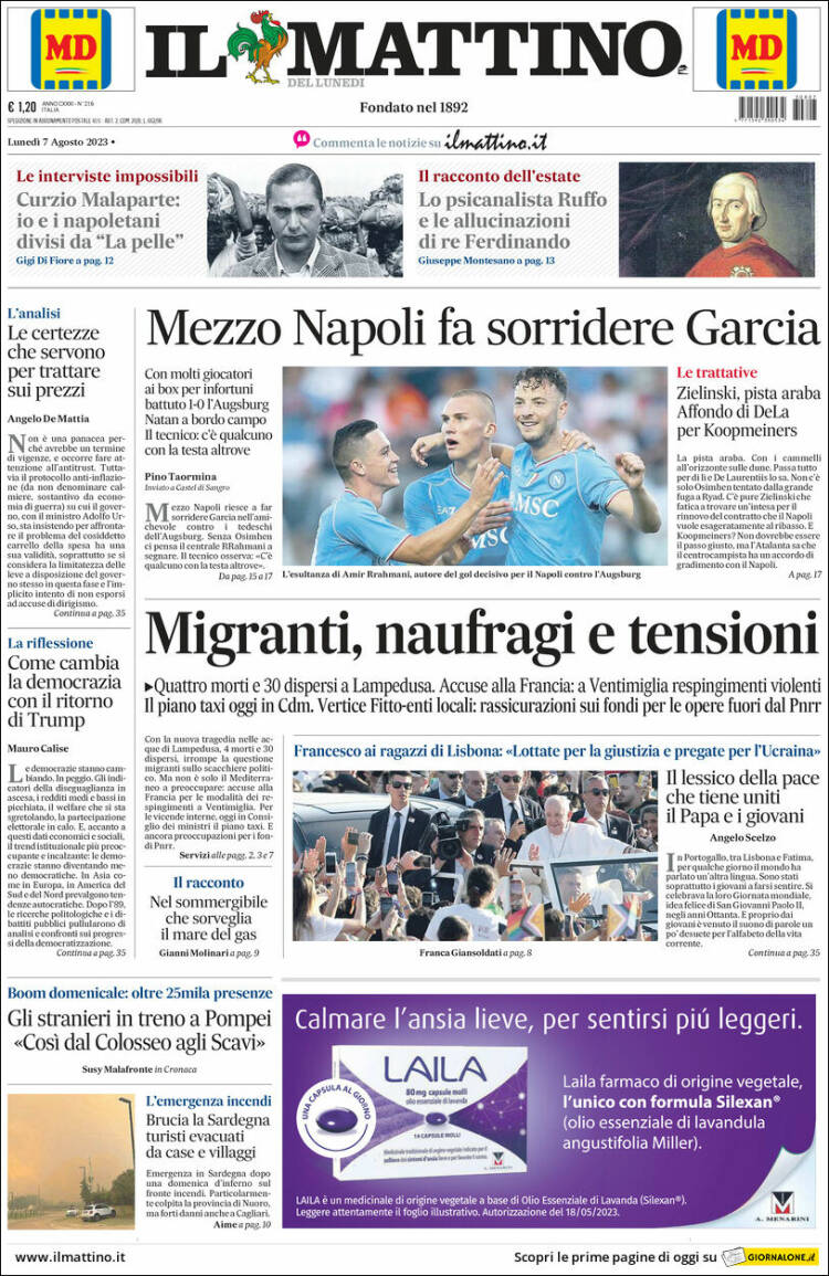Portada de Il Mattino (Italia)