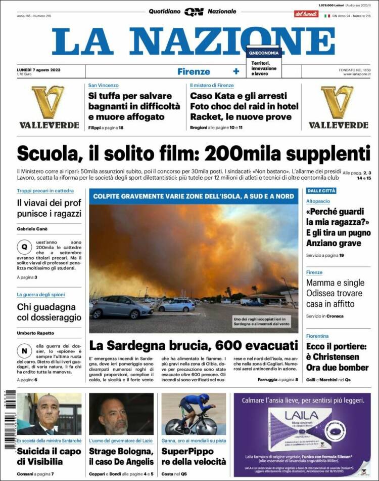 Portada de La Nazione (Italia)