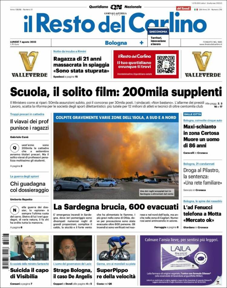 Portada de Il Resto del Carlino (Italia)