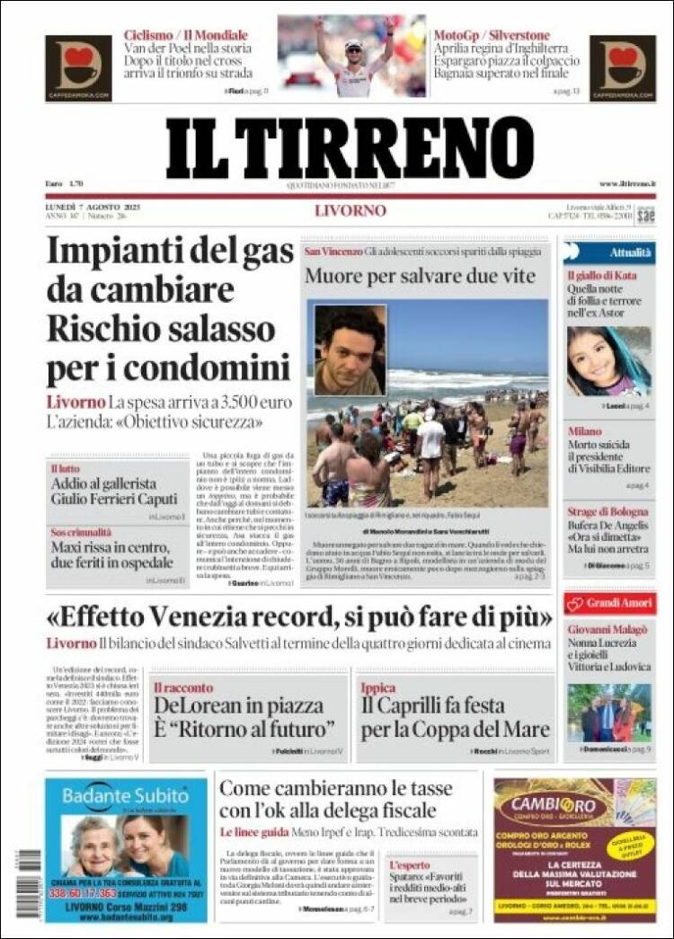 Portada de Il Tirreno (Italia)