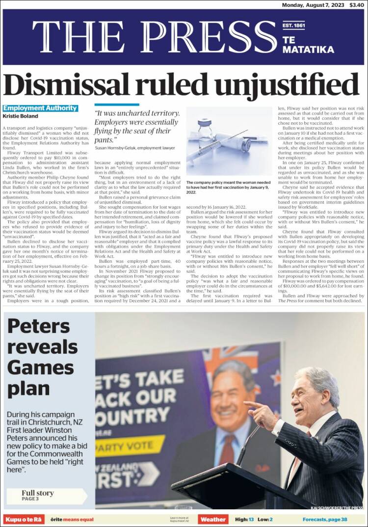 Portada de The Press (Nueva Zelanda)