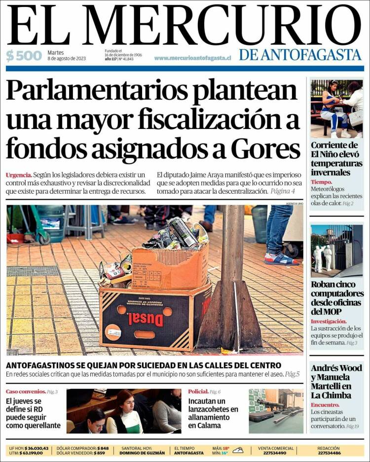 Portada de El Mercurio de Antofagasta (Chile)