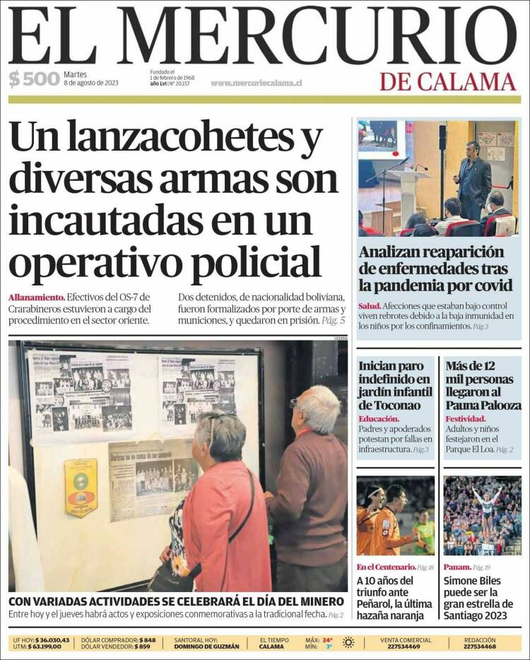 Portada de El Mercurio - Calama (Chile)