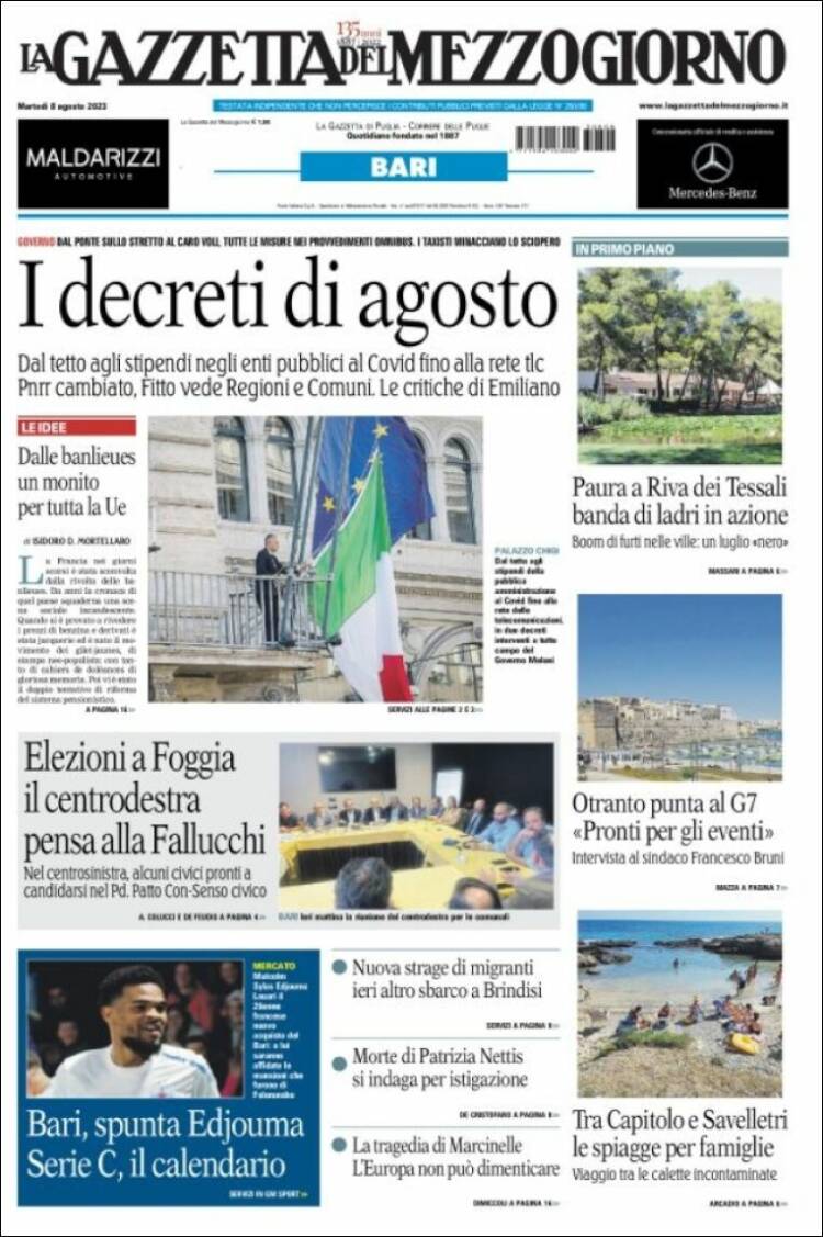 Portada de La Gazzetta del Mezzogiorno (Italia)